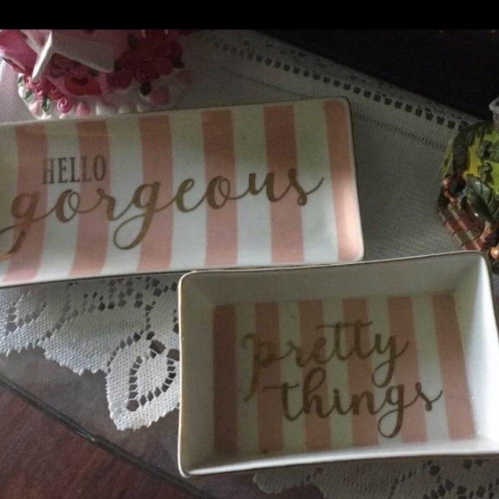 Decorative Pier 1 candy stripe Trays duo/ standing / hang masquerade floral cage